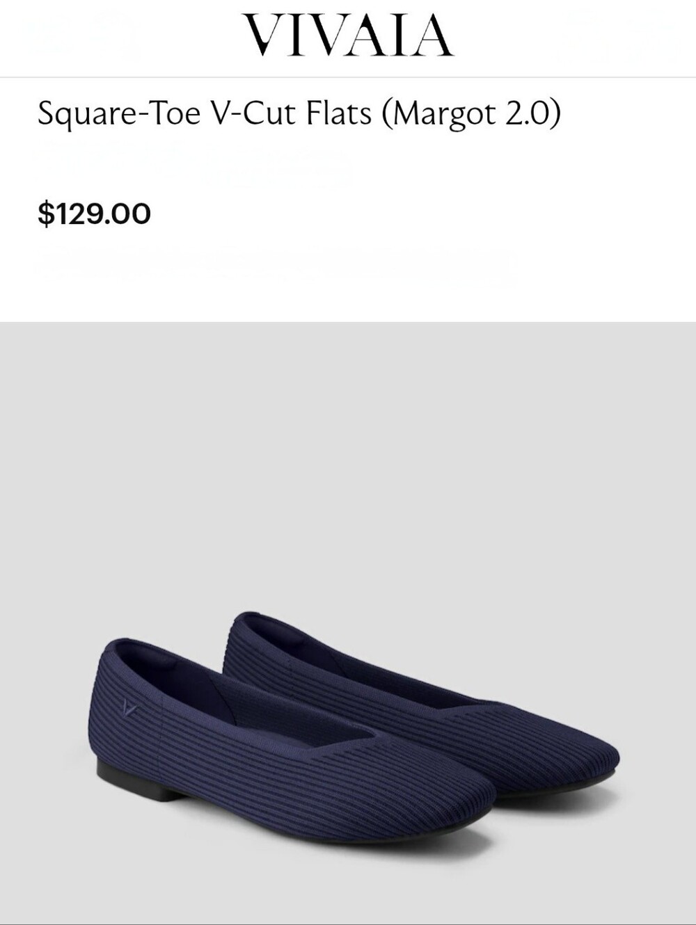 VIVAIA Margot 2.0 Square Toe Flexible Navy Ribbed Ballet Flats 9.5 Office Ballet